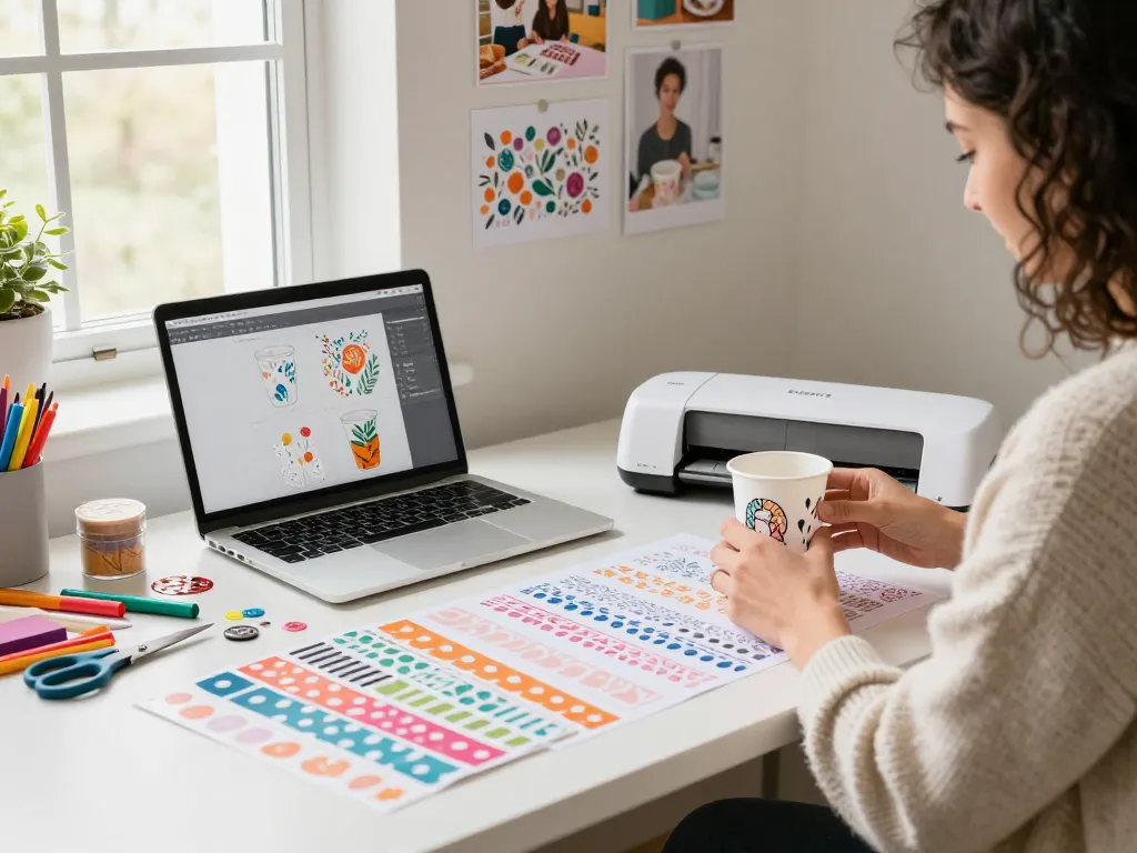 Crafting with Design Space in a bright workspace featuring colorful materials and a Cricut machine.