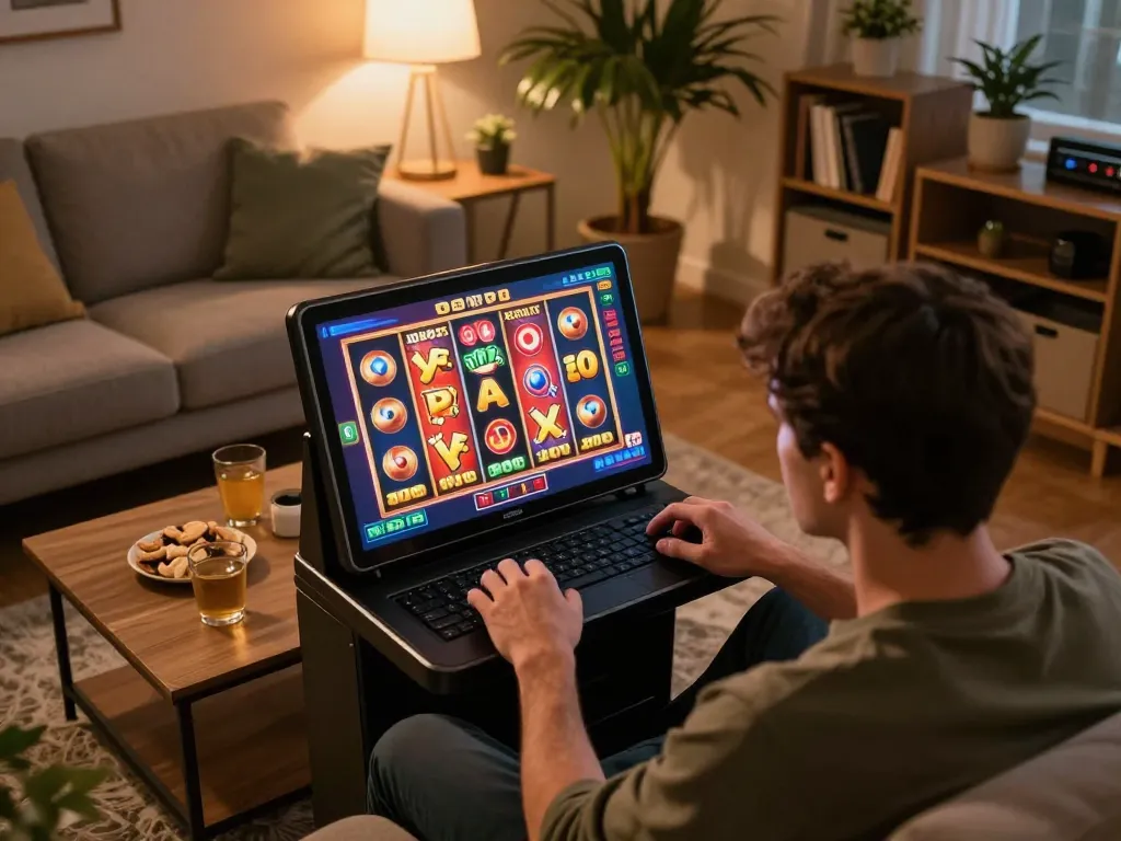 Experience demo slot pg gaming from home, vibrant reels on a tablet in a cozy setting