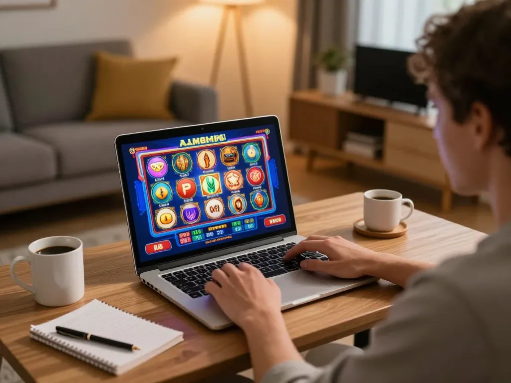 Engaging online gambling experience at KP88, a cozy home environment showcasing a player on laptop.