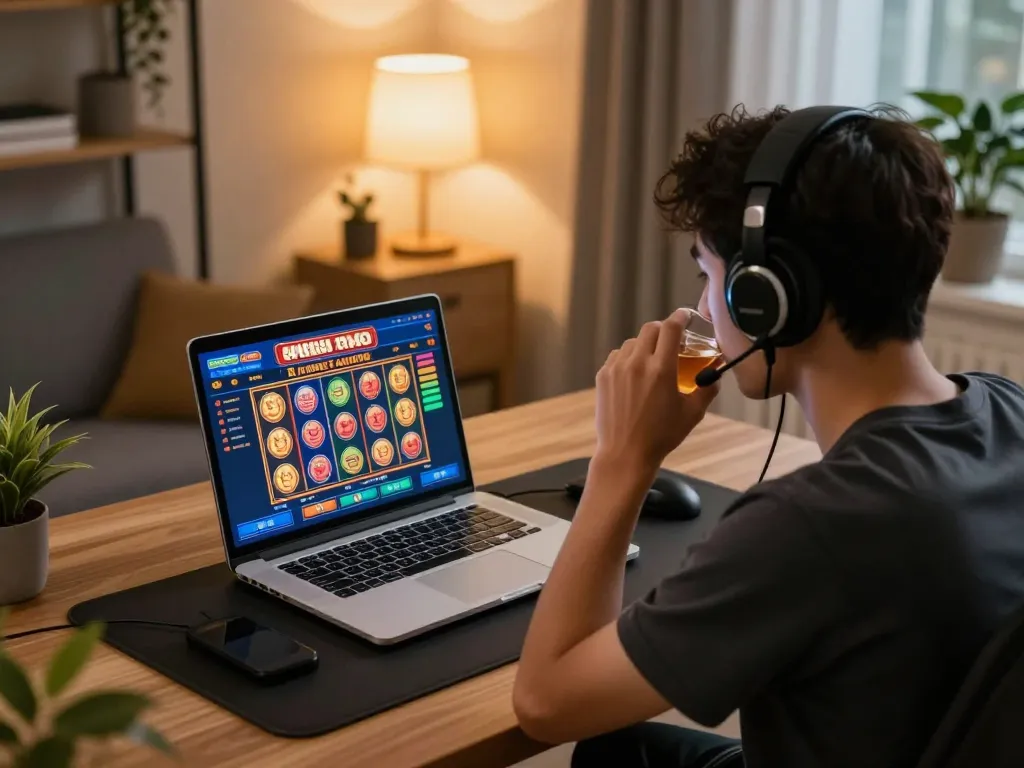Gambling enthusiast playing situs toto online slot games at home, showcasing a strategic gaming environment.