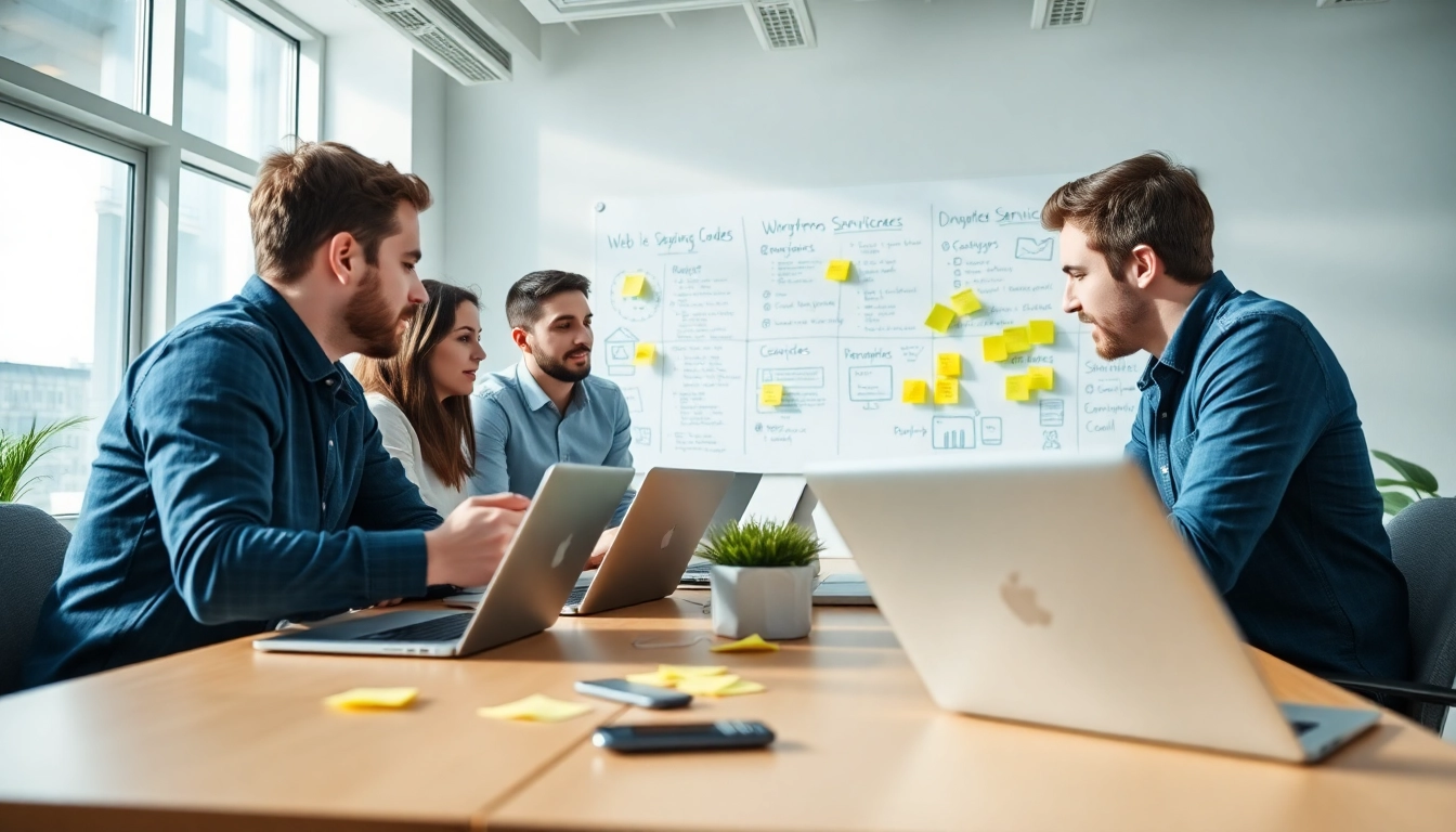 Experts engaging in effective wordpress services collaboration in a modern office environment.