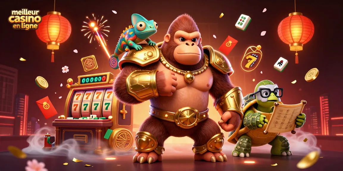 Illustration dynamique représentant le meilleur casino en ligne avec un gorille roi en armure d'or et un caméléon sur son épaule.