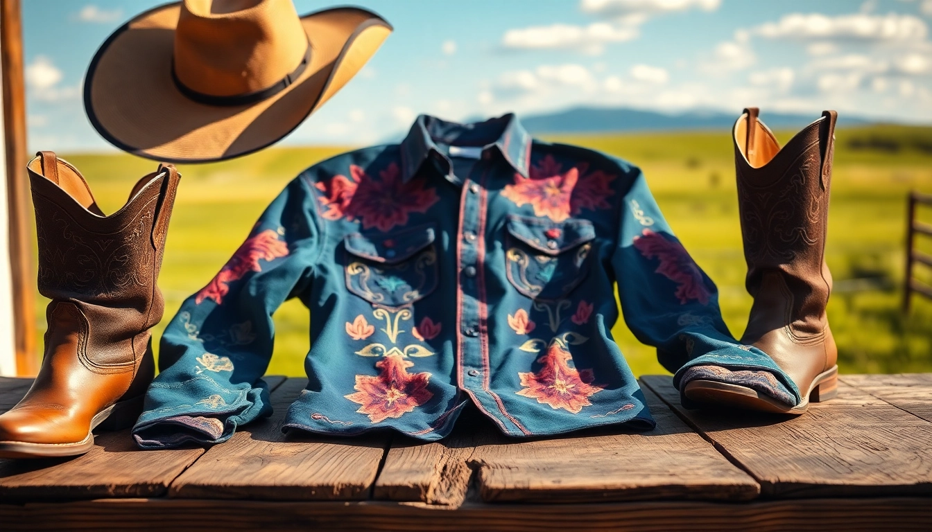 Showcasing a detailed cowboy shirt Canada with accessories on a rustic table.