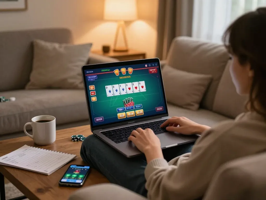 open88 provides a thrilling online poker experience in a cozy home setting with laptop gaming.