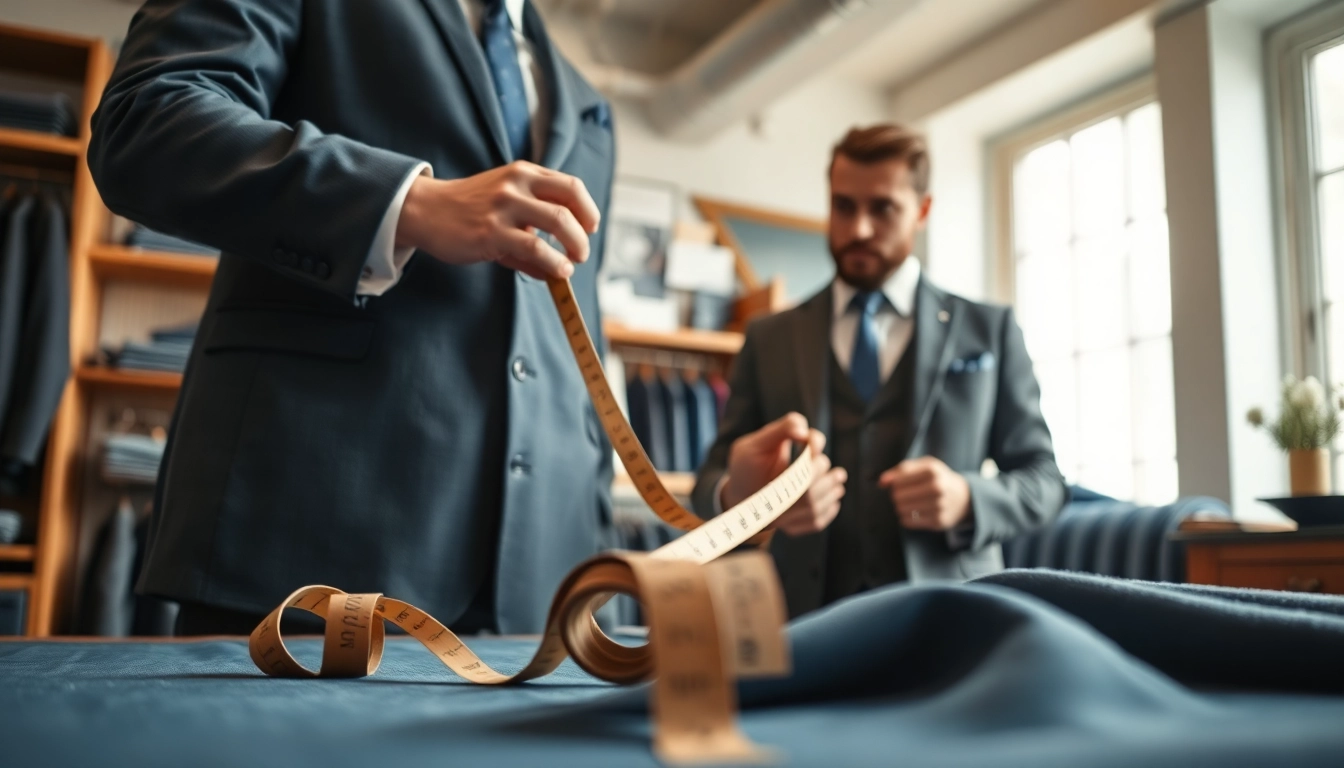 Crafting tailor made bespoke suits in a workshop with the tailor measuring a client.