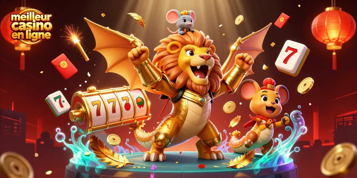 Visuel dynamique du meilleur casino en ligne avec une chimère en armure dorée et des éléments de jeu captivants.