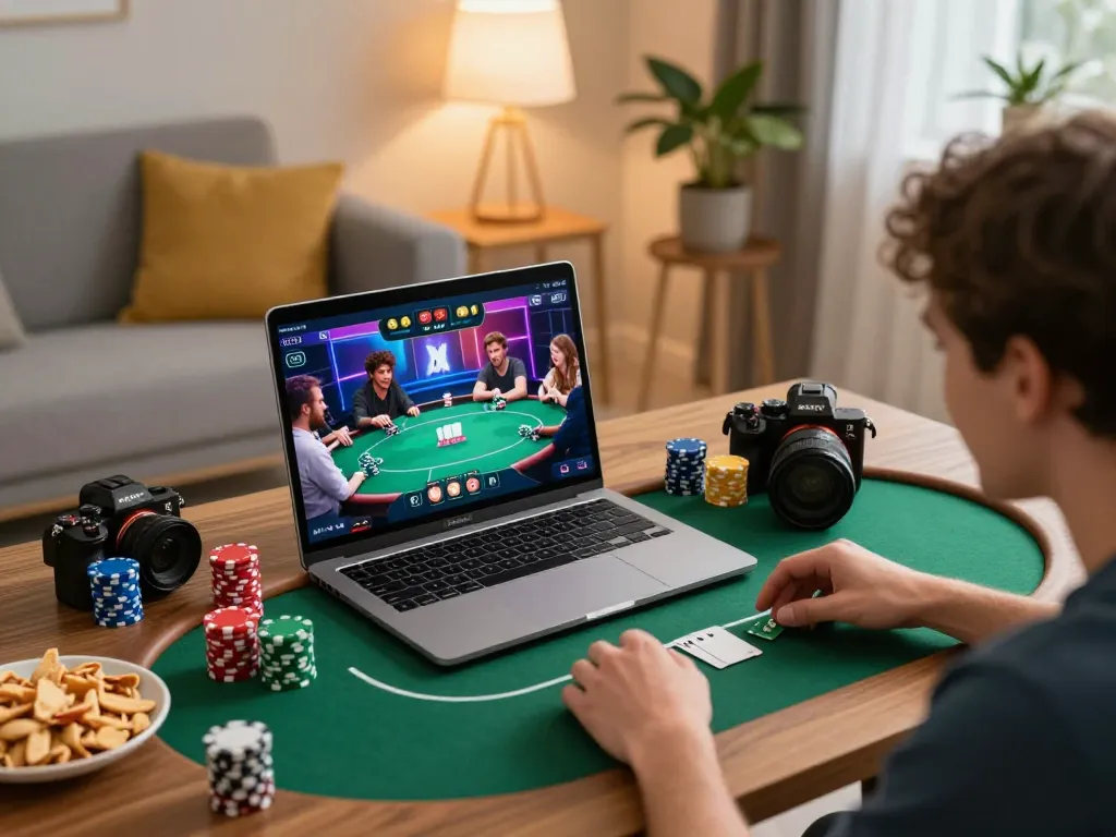 Engaging online poker gameplay on rokok88 with friends at home, featuring laptops and snacks.