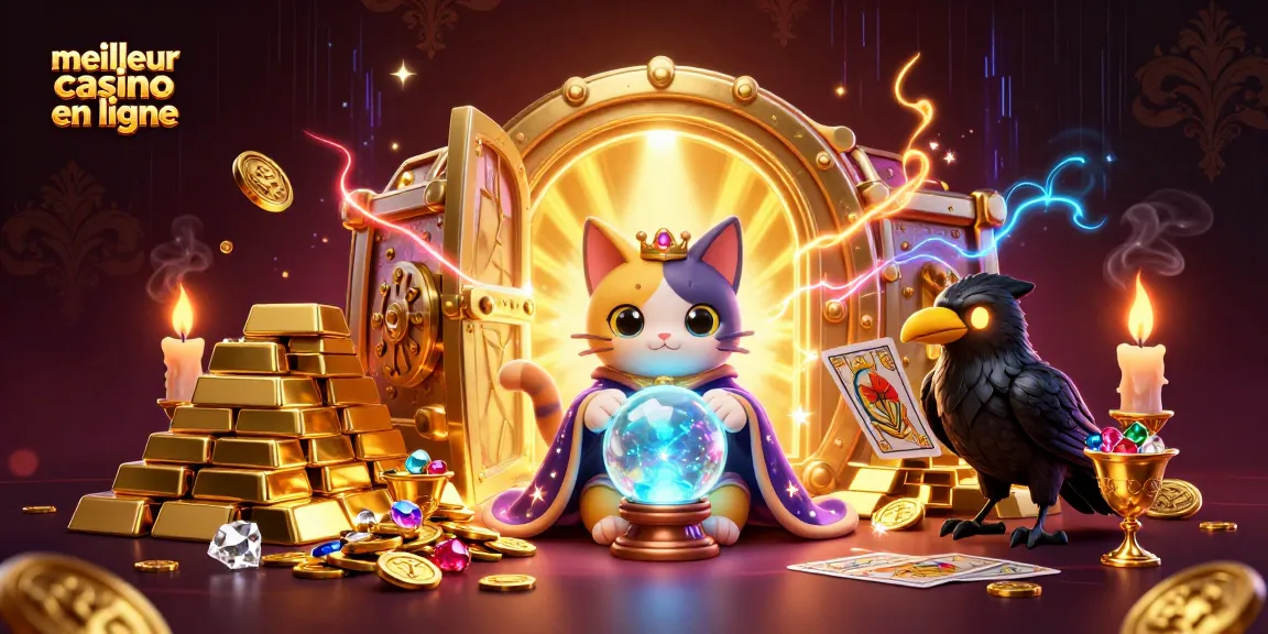 Illustration captivante du meilleur casino en ligne avec un chat mystique, un corbeau et des éléments de jeu fascinants.