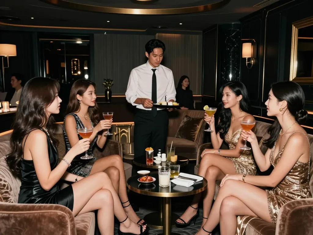 Glamorous group enjoying the nightlife at 강남쩜오, stylish decor, drinks, and vibrant atmosphere.