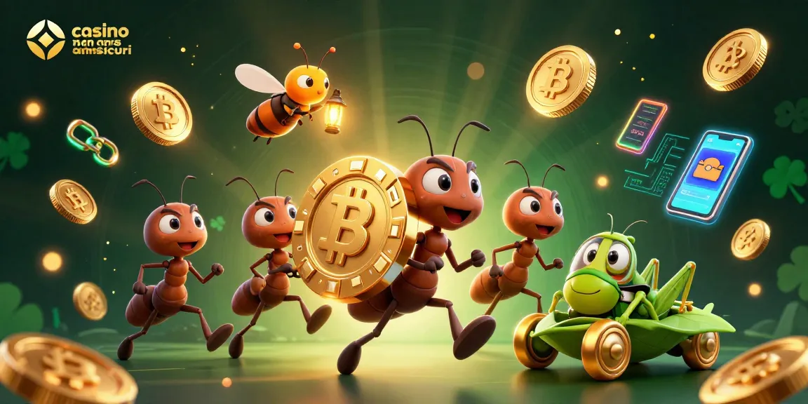 Gioco emozionante nei casino non aams sicuri con formiche in fuga e simboli di criptovalute.