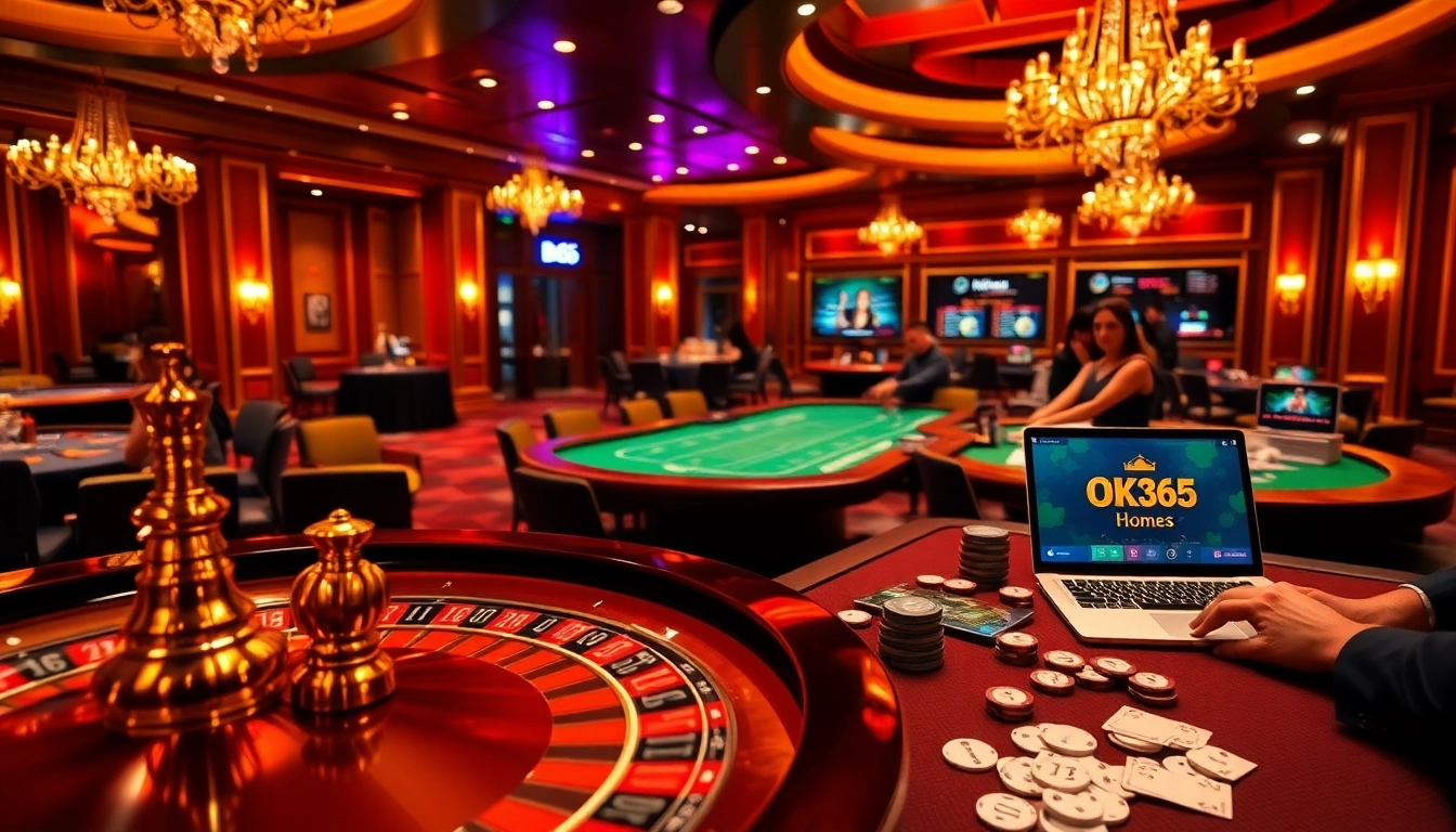 Experience the excitement of online gambling with OK365 Homes, featuring vibrant casino tables and eager players.