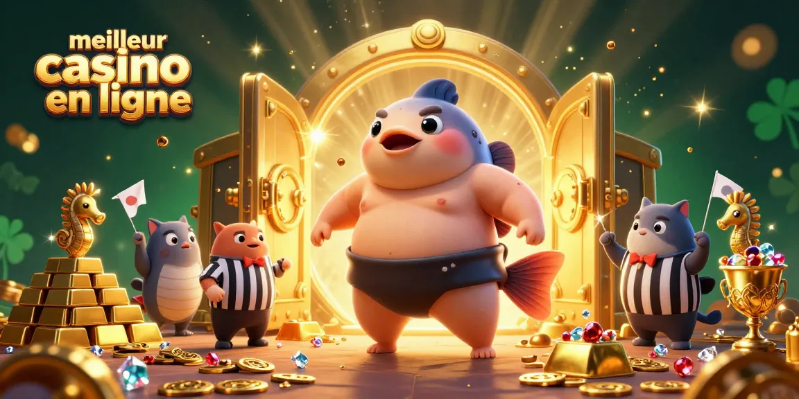Illustration captivante du meilleur casino en ligne avec un fugu sumo, un poisson-chat, et des hippocampes.