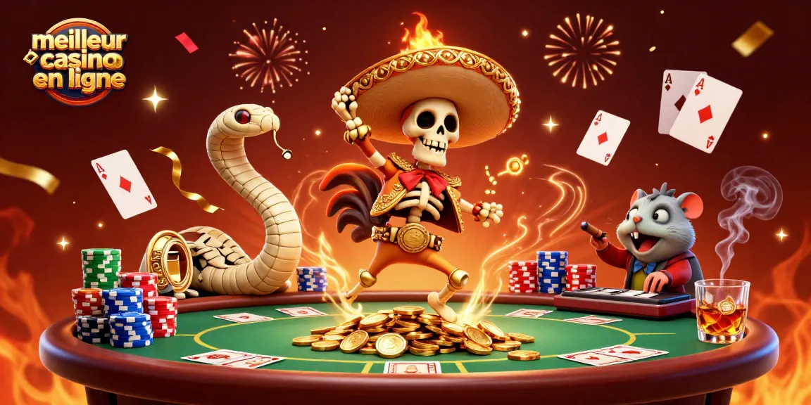 Illustration dynamique avec un squelette mariachi et des éléments de jeu, meilleur casino en ligne