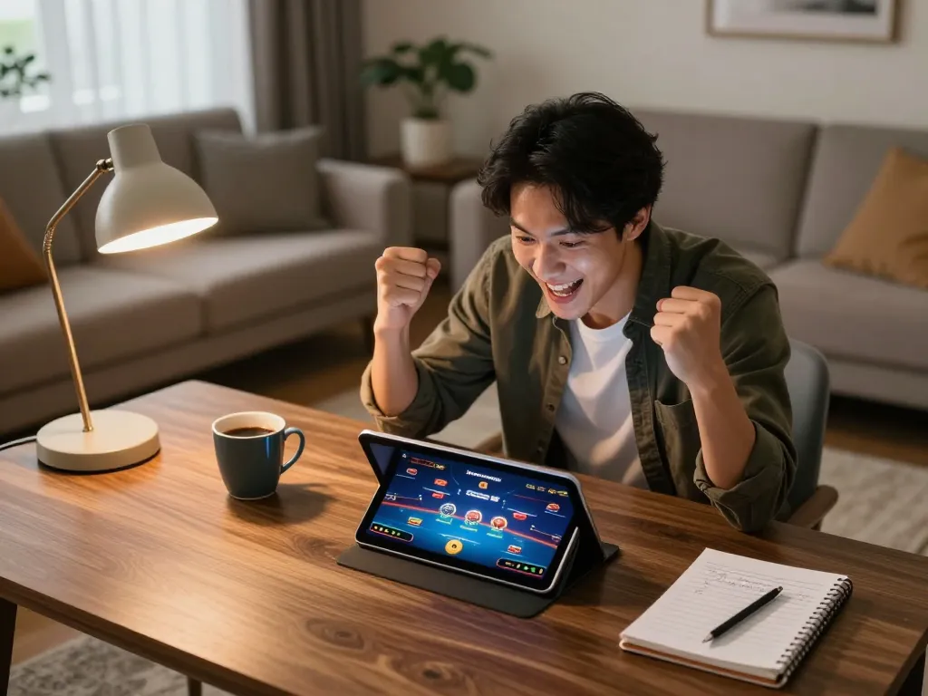 Playing bk8 เครดิตฟรี on a tablet at home, capturing the excitement of online casino gaming.