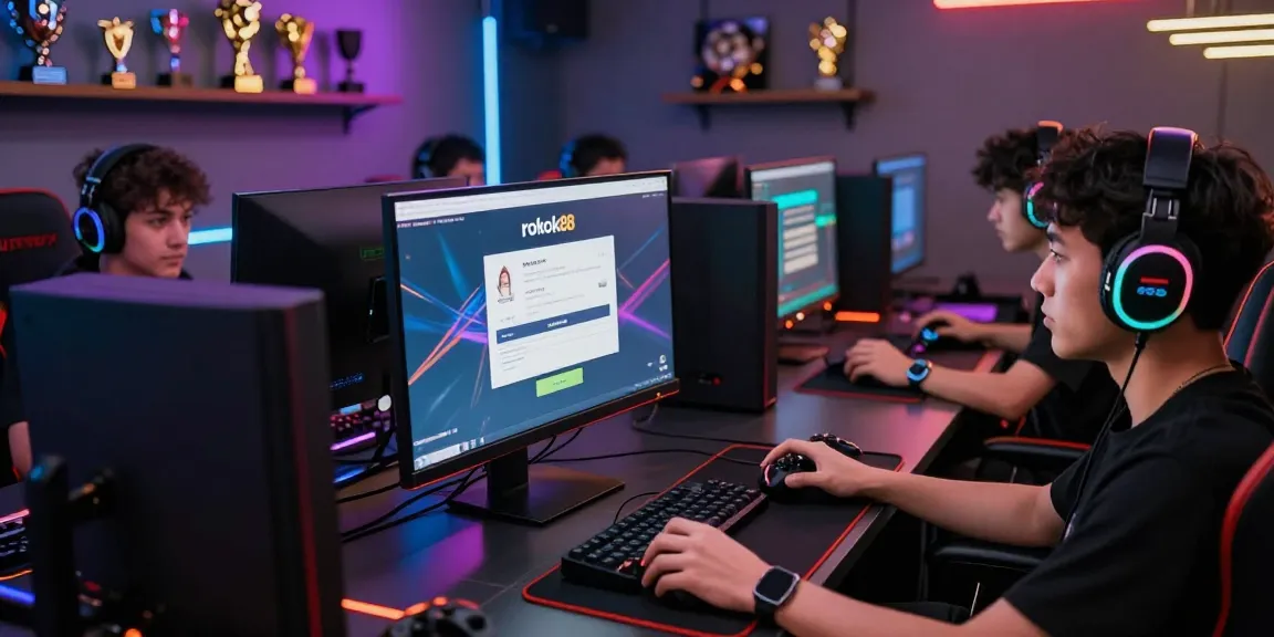 Engaged gamers exploring the rokok88 slot login interface in a vibrant gaming setup.