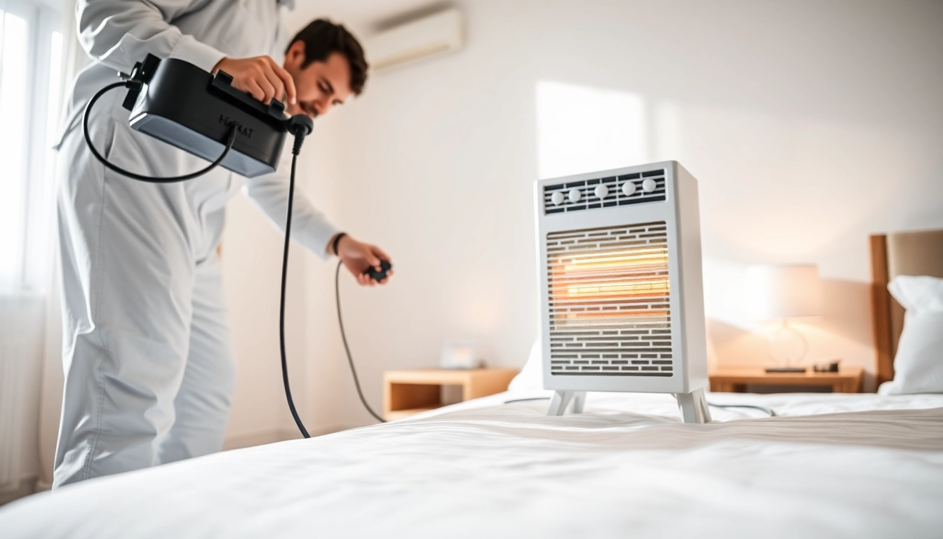 Technician performing bed bug heat treatment using professional equipment in a bedroom.