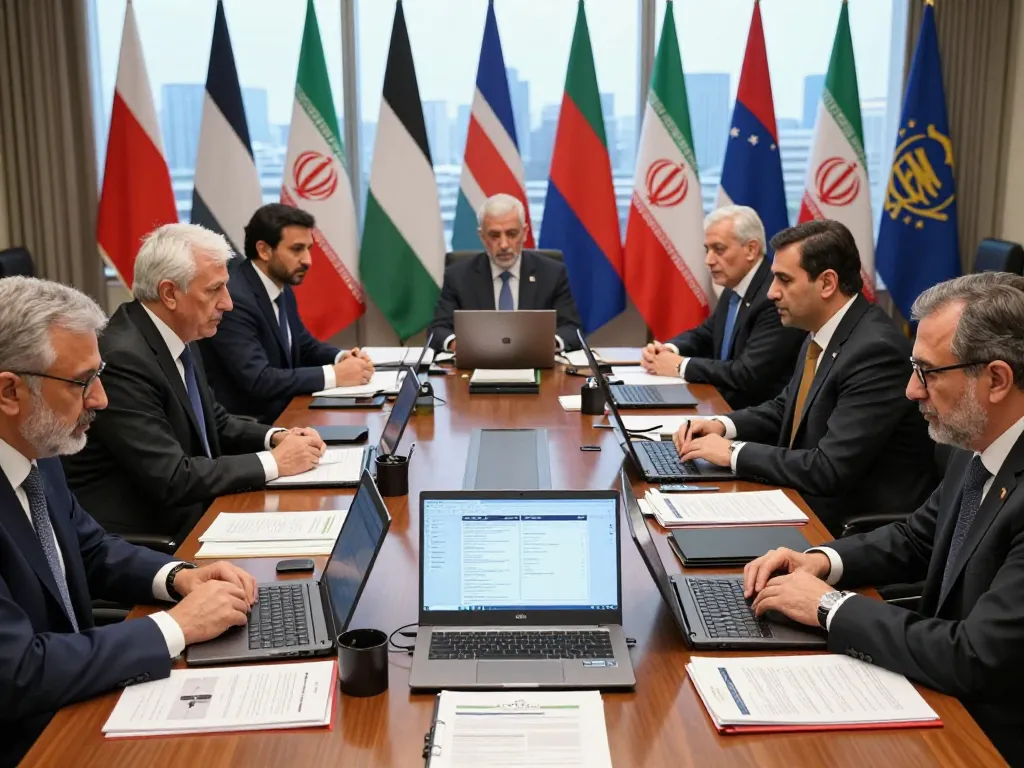 Officials discussing Iran sanctions in a diplomatic meeting environment with flags and economic reports