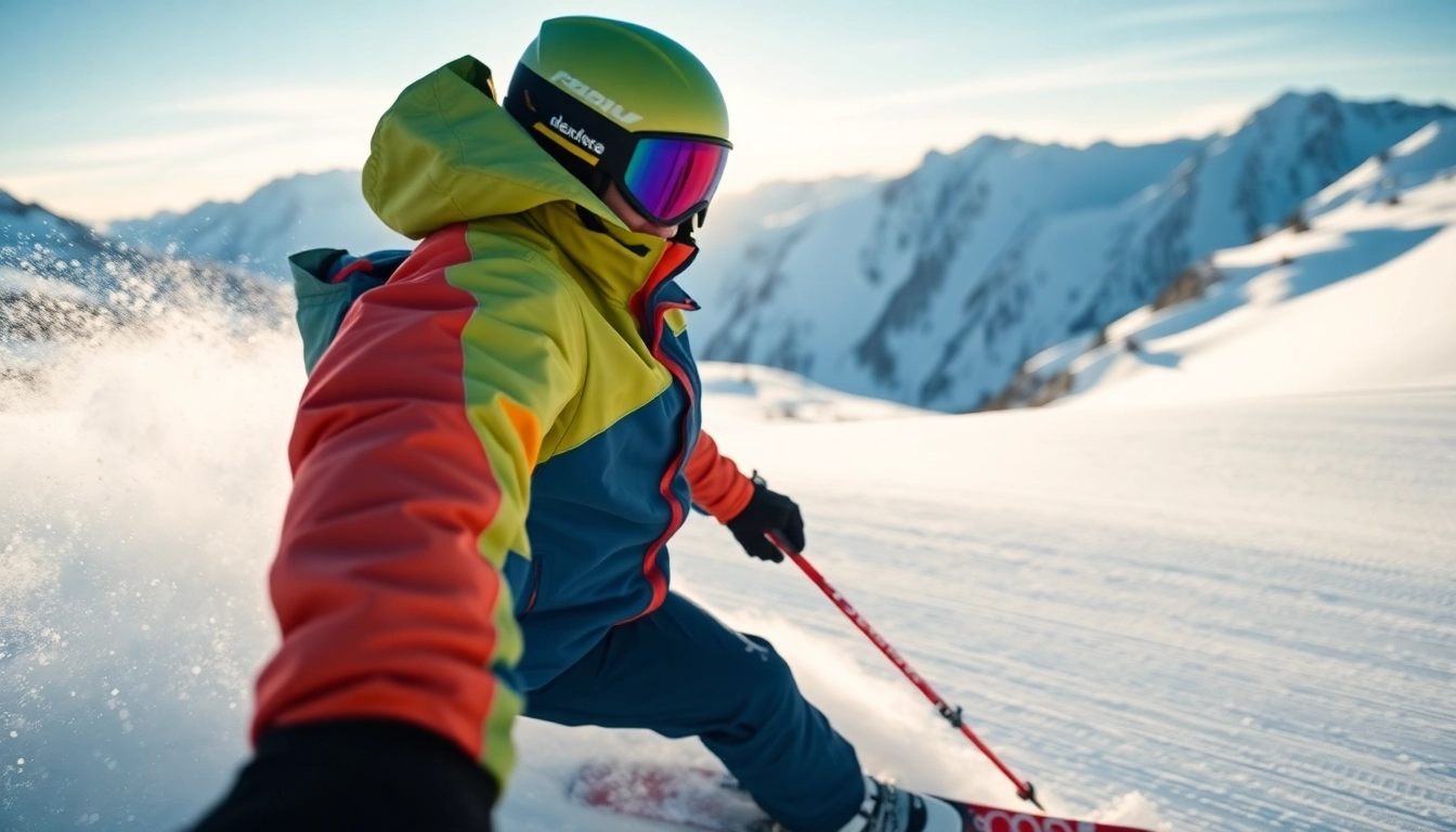 Skier showcasing best ski apparel on snowy slope with vibrant mountain backdrop.
