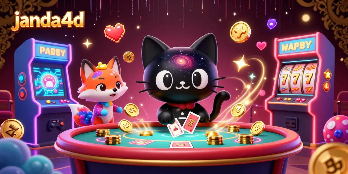Permainan kasino janda4d yang menarik dengan kucing hitam dan rubah nebula, dikelilingi mesin arcade.