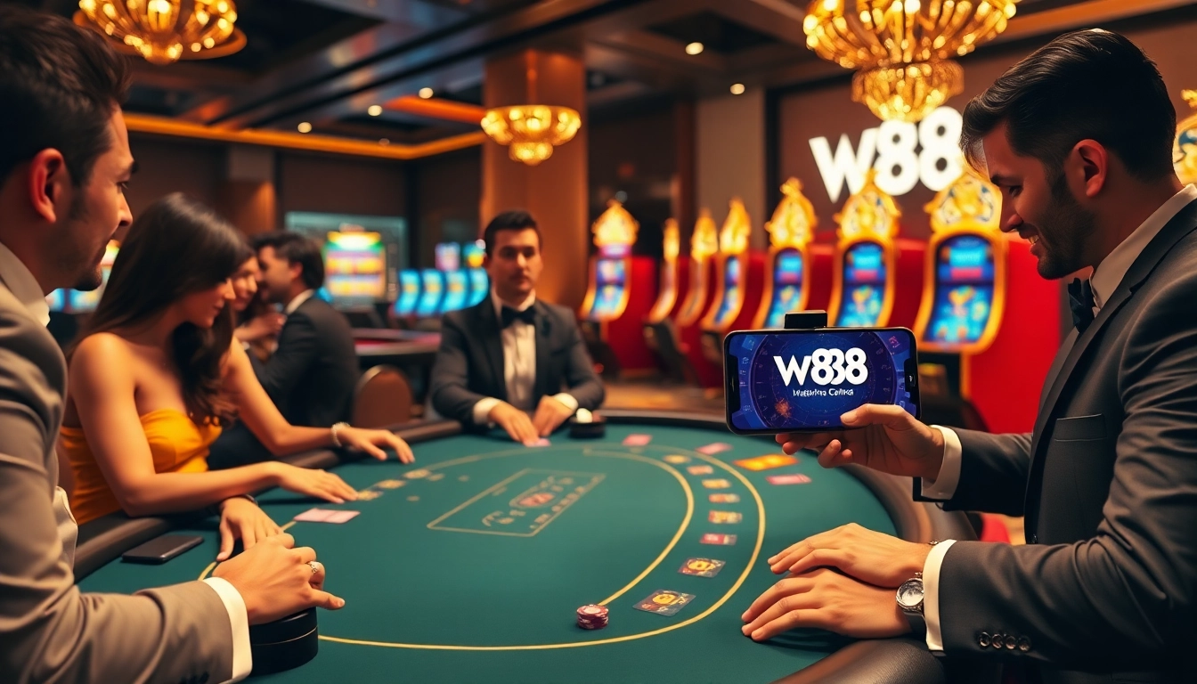 Players enjoying the thrill of W88's online casino games in a luxurious environment