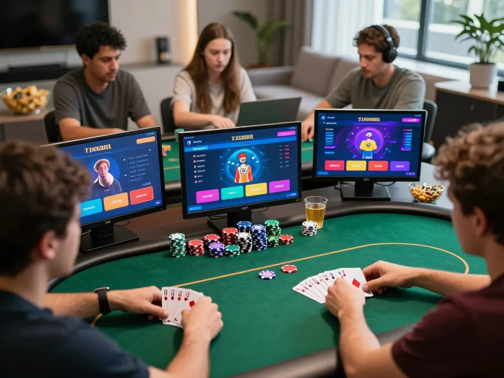 Players engage with TG88 casino app during an exciting online poker game, vibrant and immersive atmosphere.