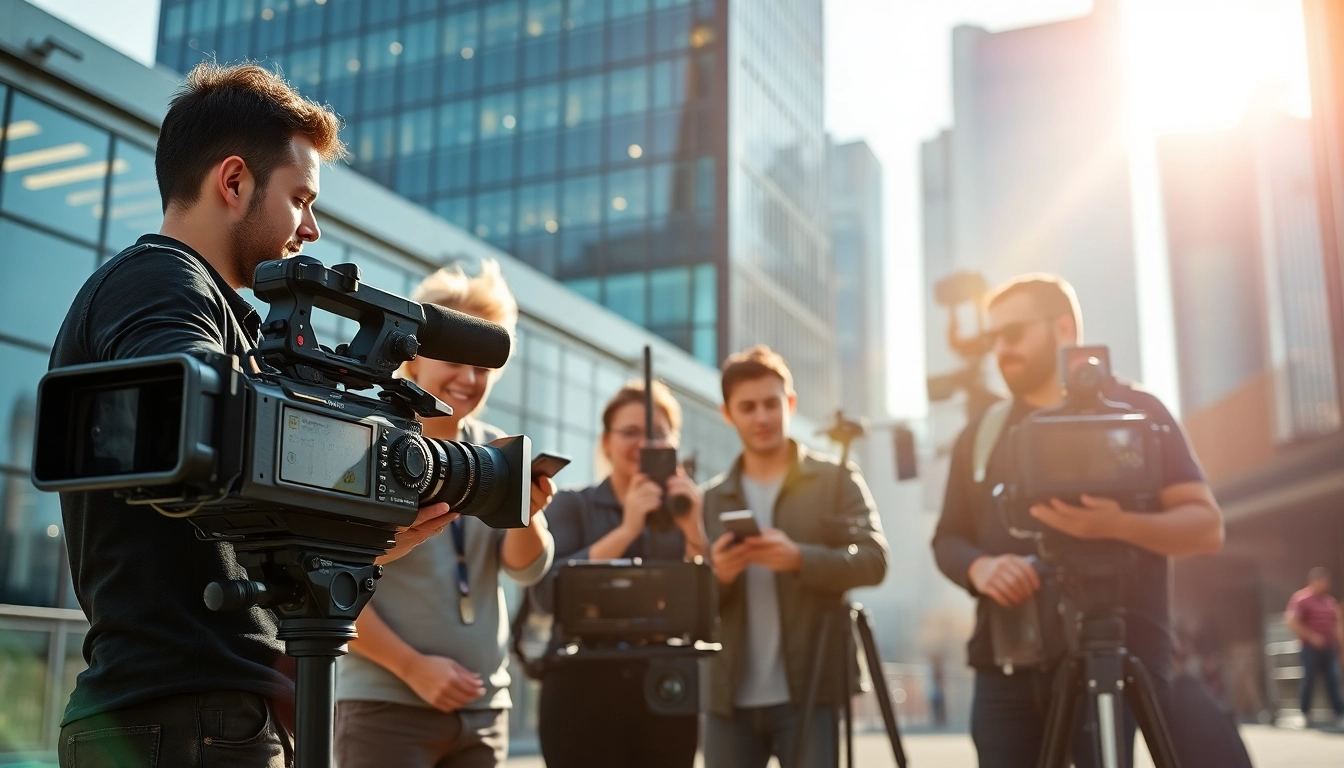Video production Edmonton team capturing dynamic scenes in a vibrant urban setting.