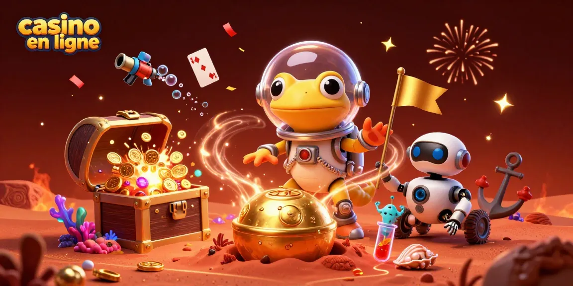 Une illustration captivante de casino en ligne où un gecko martien découvre un casino doré sur Mars.