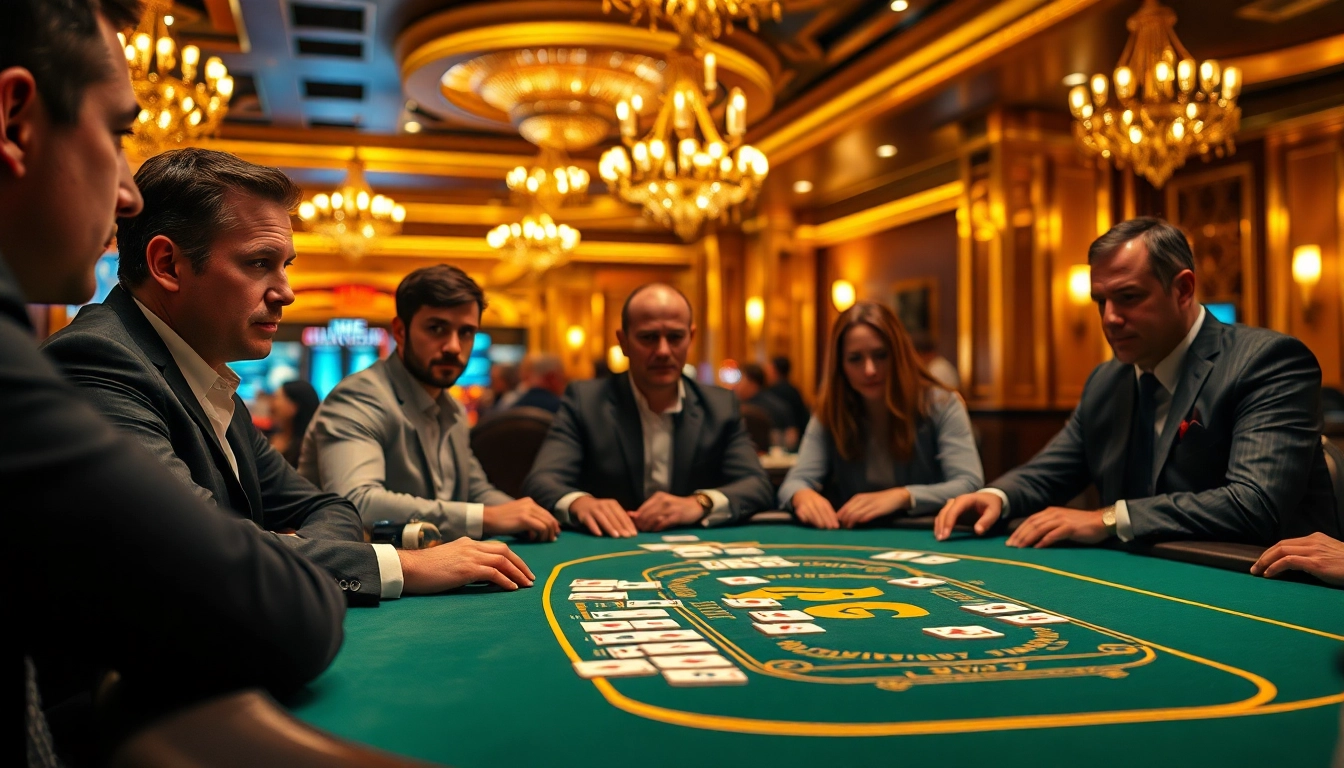 Permainan judi yyrr di meja poker dengan pemain fokus dan suasana mewah.