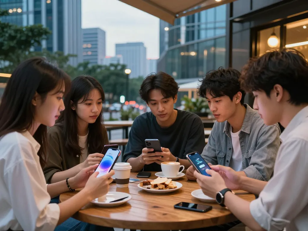 도시의 분주한 야외 카페에서 스마트폰을 이용한 폰테크에 대한 흥미로운 논의.