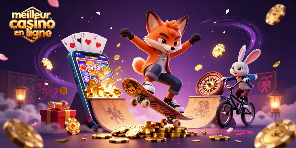Plongée dans l'univers du meilleur casino en ligne avec des personnages animés stylisés dans un décor dynamique.