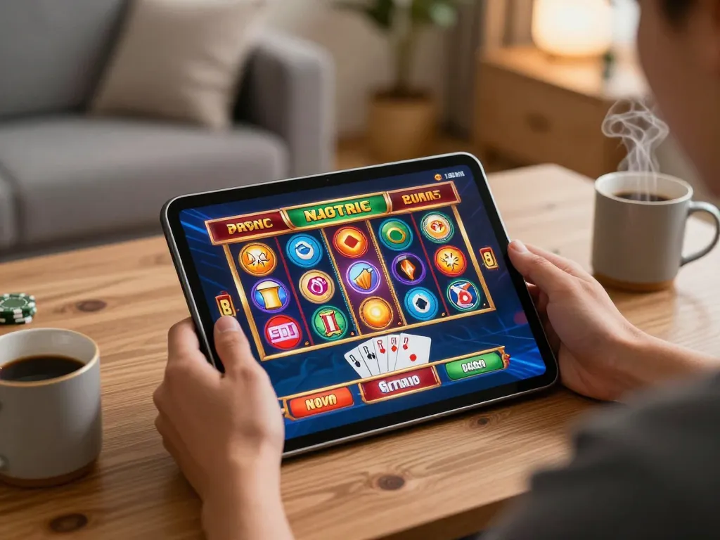 Engaging online gaming experience at EE88 with a player using a tablet for casino games