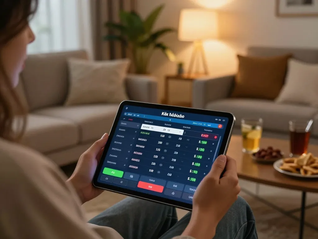 Kèo nhà cái displayed on tablet screen as player engages in online sports betting from home, showcasing an inviting gaming atmosphere.