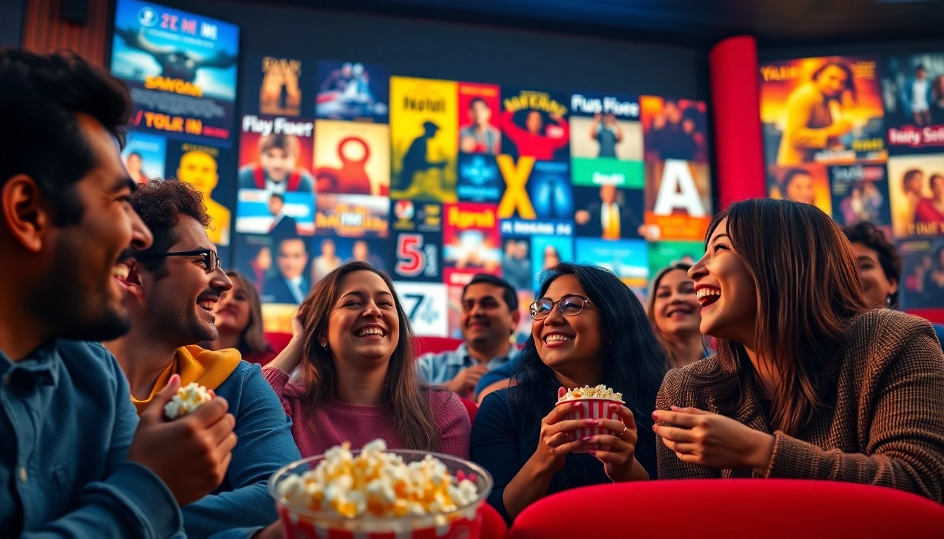 Enjoying a movie night with friends highlighting ดูหนัง experience in a cozy cinema.