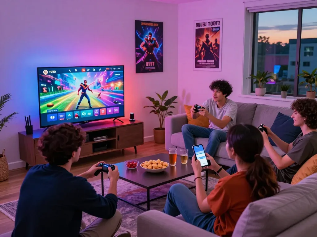 Friends enjoying a fun gaming night with TG88 platform in a cozy living room