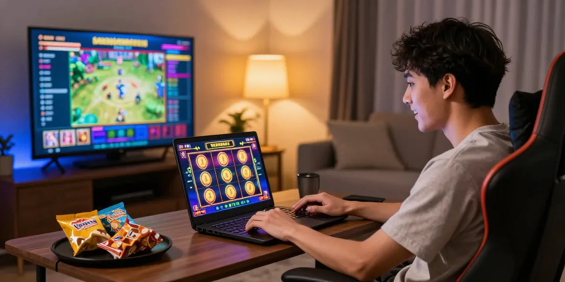 Exciting home gaming setup with a user playing slot depo 1k games on a laptop.