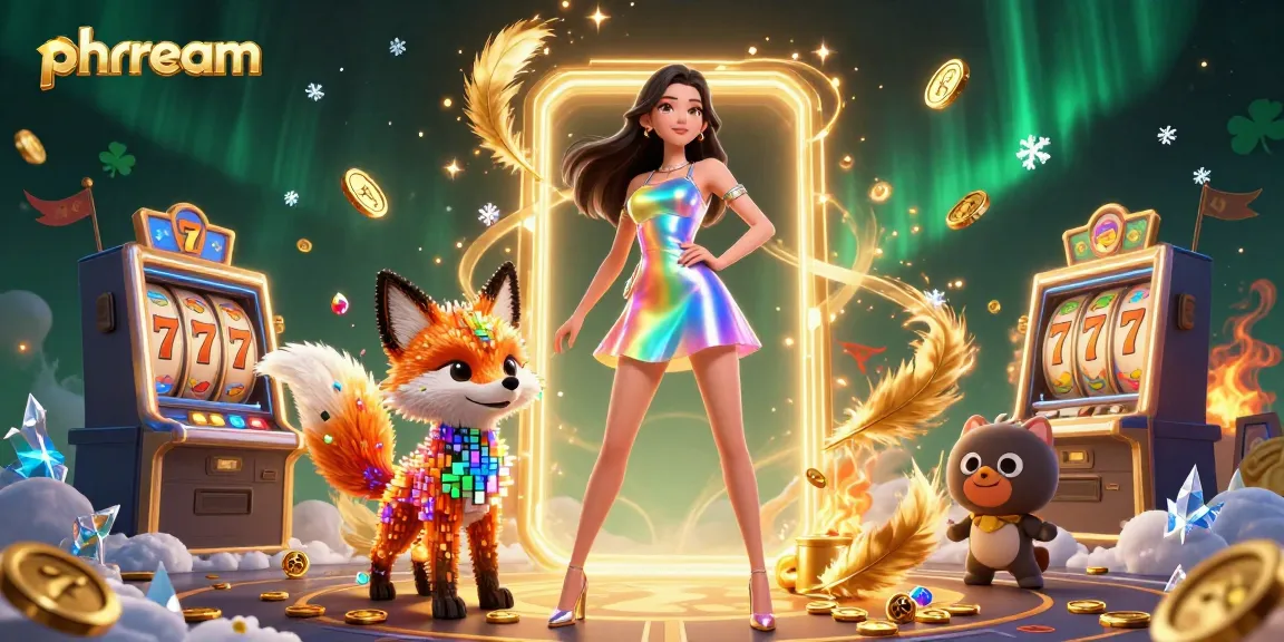 Play slots with phdream featuring a stunning woman in a holographic dress amidst vibrant casino elements.