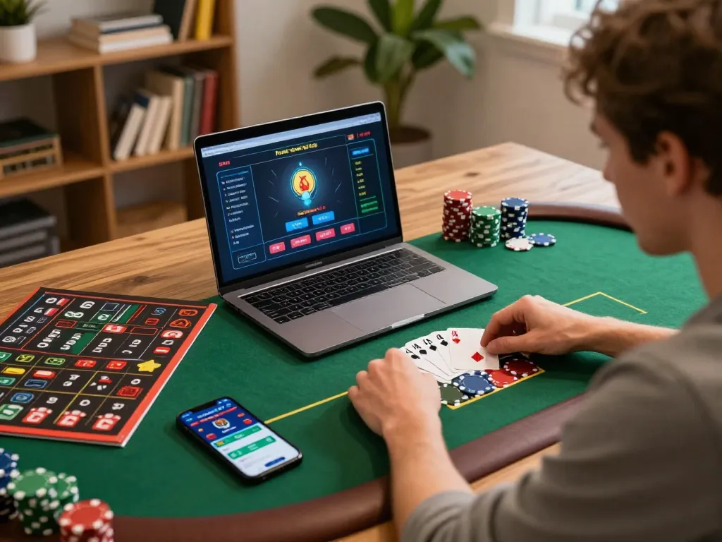 Engaged player strategizing on 789 club poker game at home with laptop and smartphone.