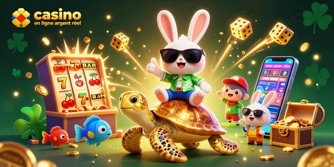 Profitez d'une scène animée avec le casino en ligne argent réel et un lapin chanceux sur une tortue dorée.