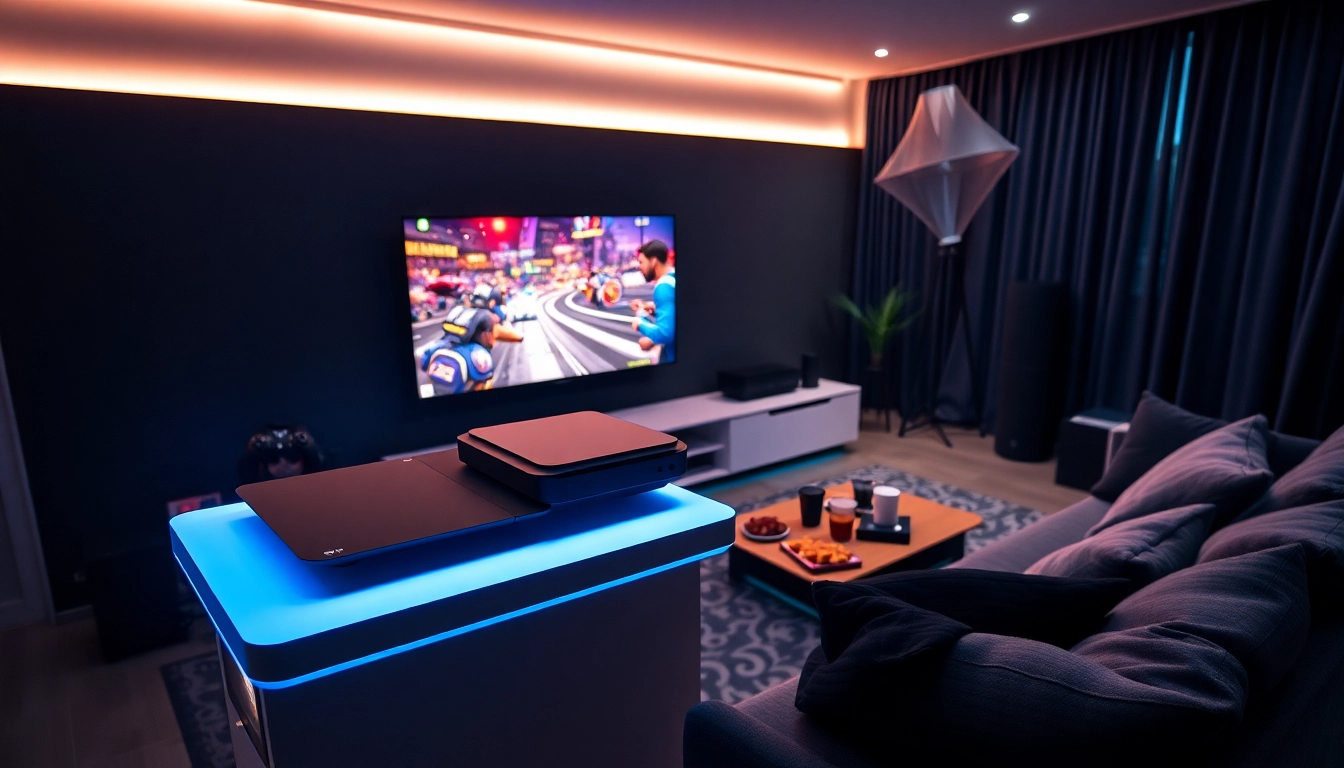 Experience TV88 with a modern gaming setup in a vibrant living room setting.