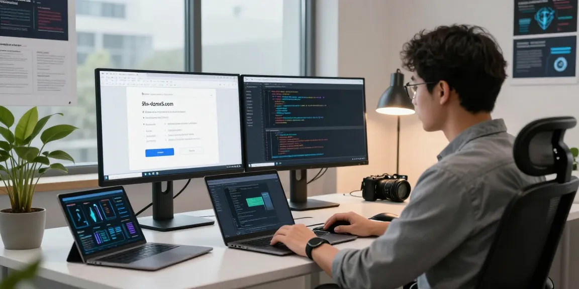 IT professional analyzing browser security protocols related to shs-dome5.com in a modern workspace.