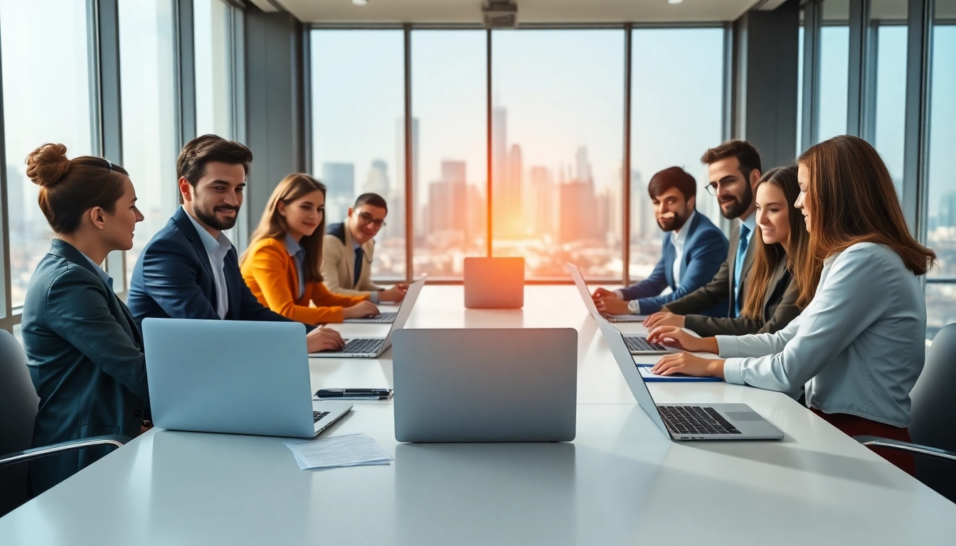 Engaging scene depicting Online business setup with diverse entrepreneurs collaborating at a modern workspace.