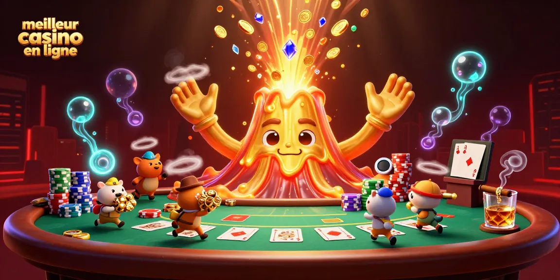 Profitez du meilleur casino en ligne avec une scène captivante d'un volcan doré et des explorateurs.