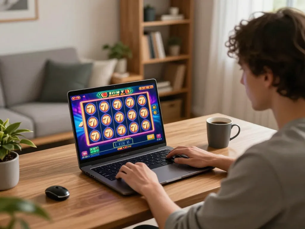 Person enjoying exciting slot777 games on a laptop in a cozy home environment with warm lighting.