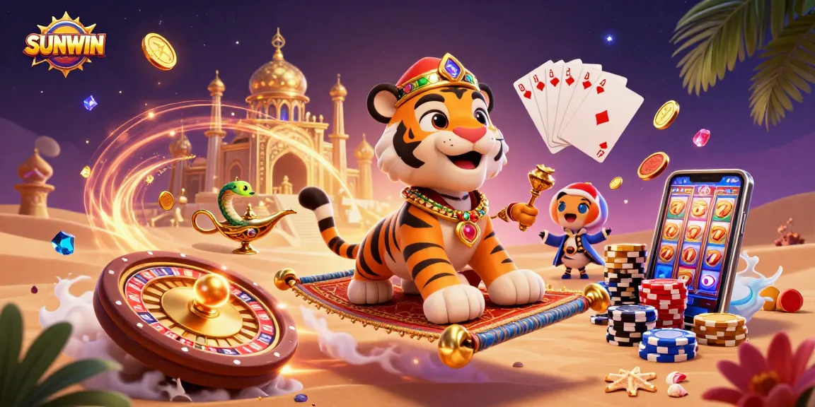 SUNWIN players spin slot reels in a vibrant 3D casino illustration featuring a sultan on a floating carpet surrounded by treasures.