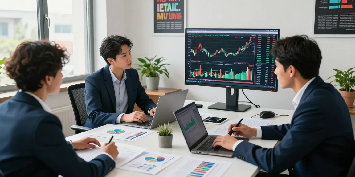 Financial market analysis tools used by professional analysts collaborating in a modern office