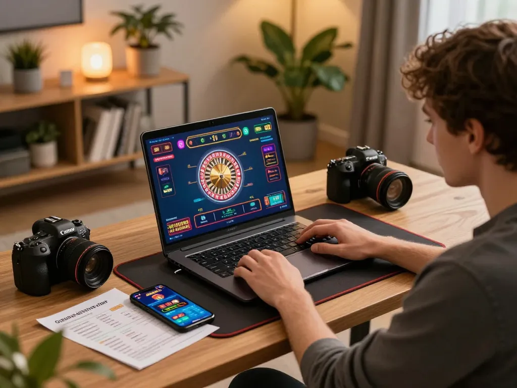 Engaging in rr 88 online gambling on a laptop with strategic notes at a cozy desk