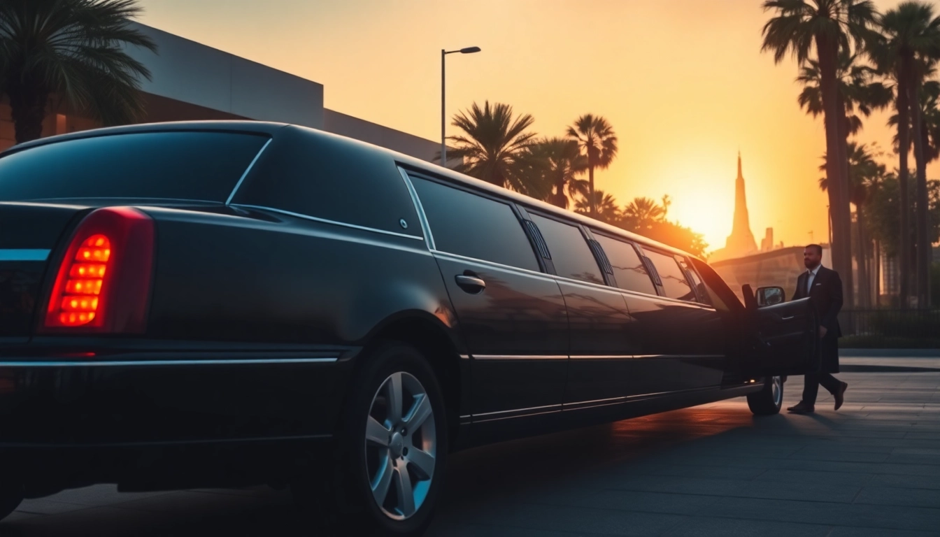 Luxury LA Limo service with a chauffeur welcoming guests at sunset.