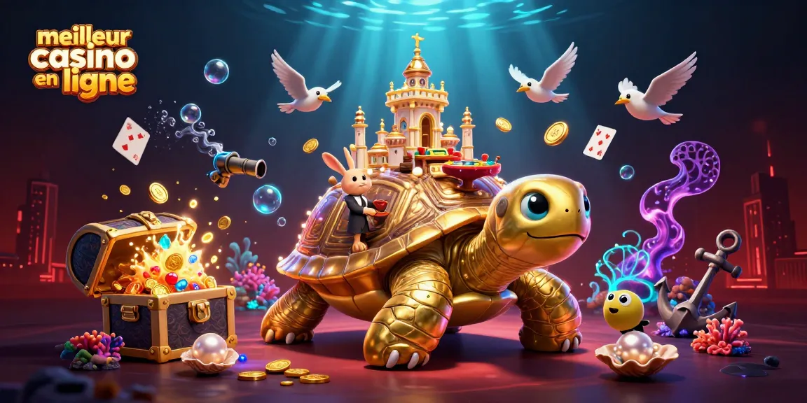 Emportez des gains au meilleur casino en ligne avec une illustration de tortue dorée et un croupier.