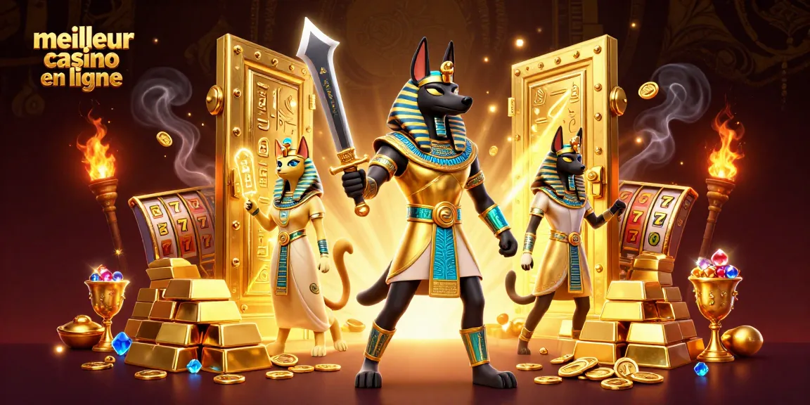 Plongez dans l'univers du meilleur casino en ligne avec Anubis et Bastet entourés de trésors étincelants.