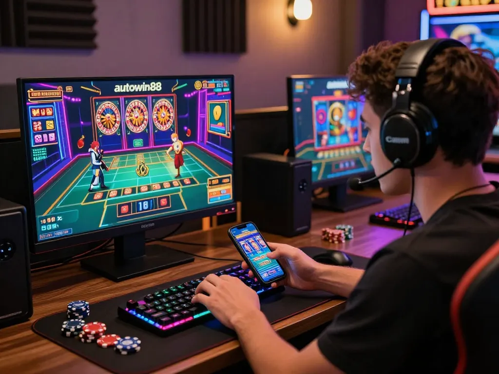 Exciting gaming atmosphere showcasing a player engaged with autowin88 online games amidst vibrant digital graphics.
